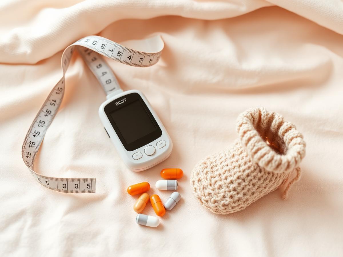 Antenatal check-up items including measuring tape, foetal doppler and prenatal vitamins