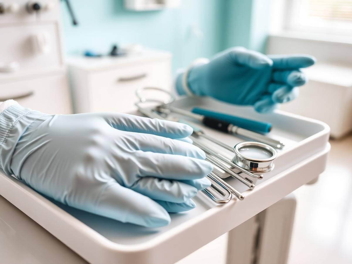 Gynaecological examination instruments on a clinic tray