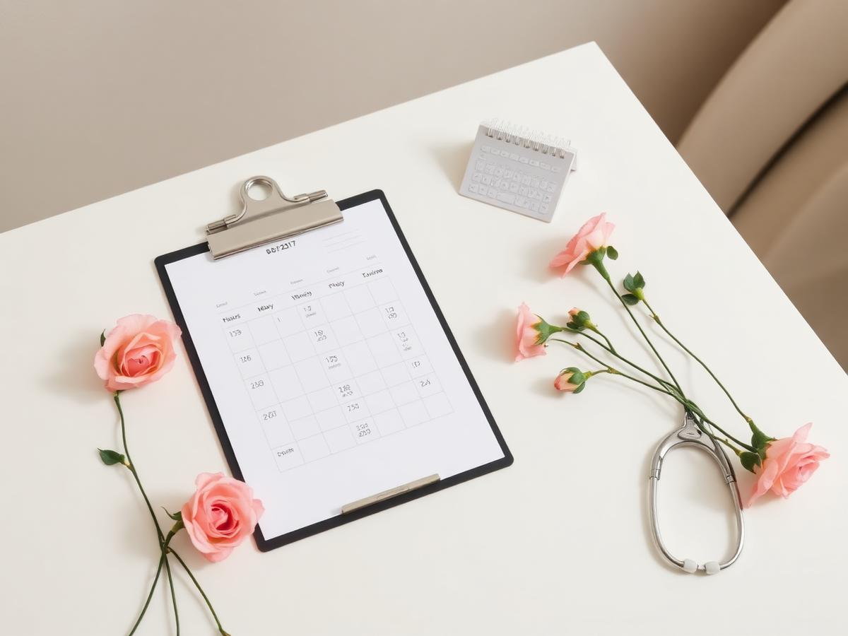 Consultation desk with a clipboard, calendar and blush flowers