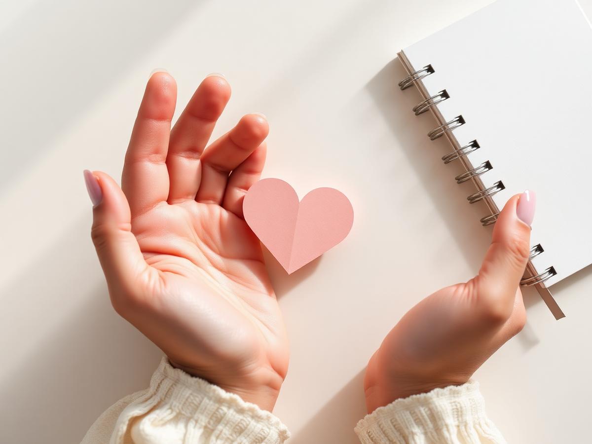 Hands holding a small blush paper heart beside a notebook, symbolising fertility consultation