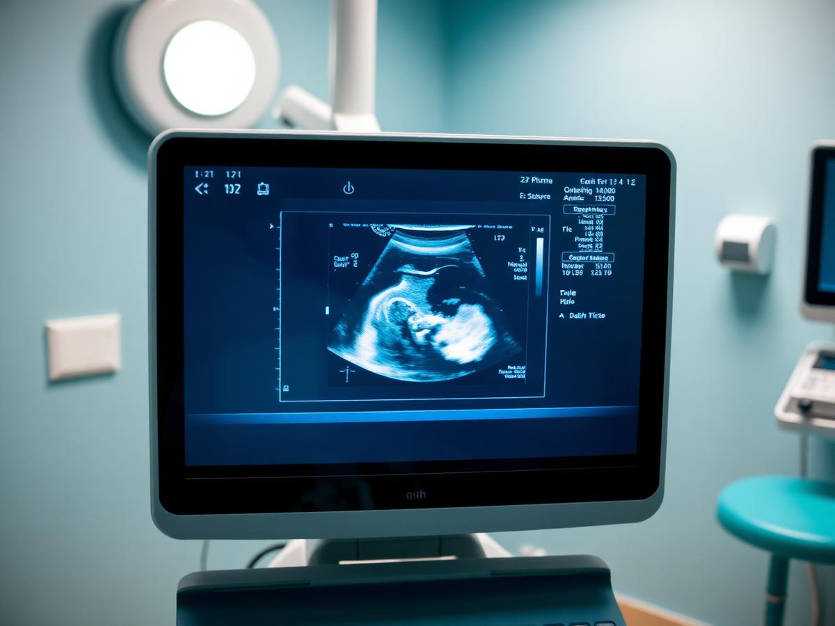 Obstetric ultrasound screen displaying a prenatal scan in a clinic room
