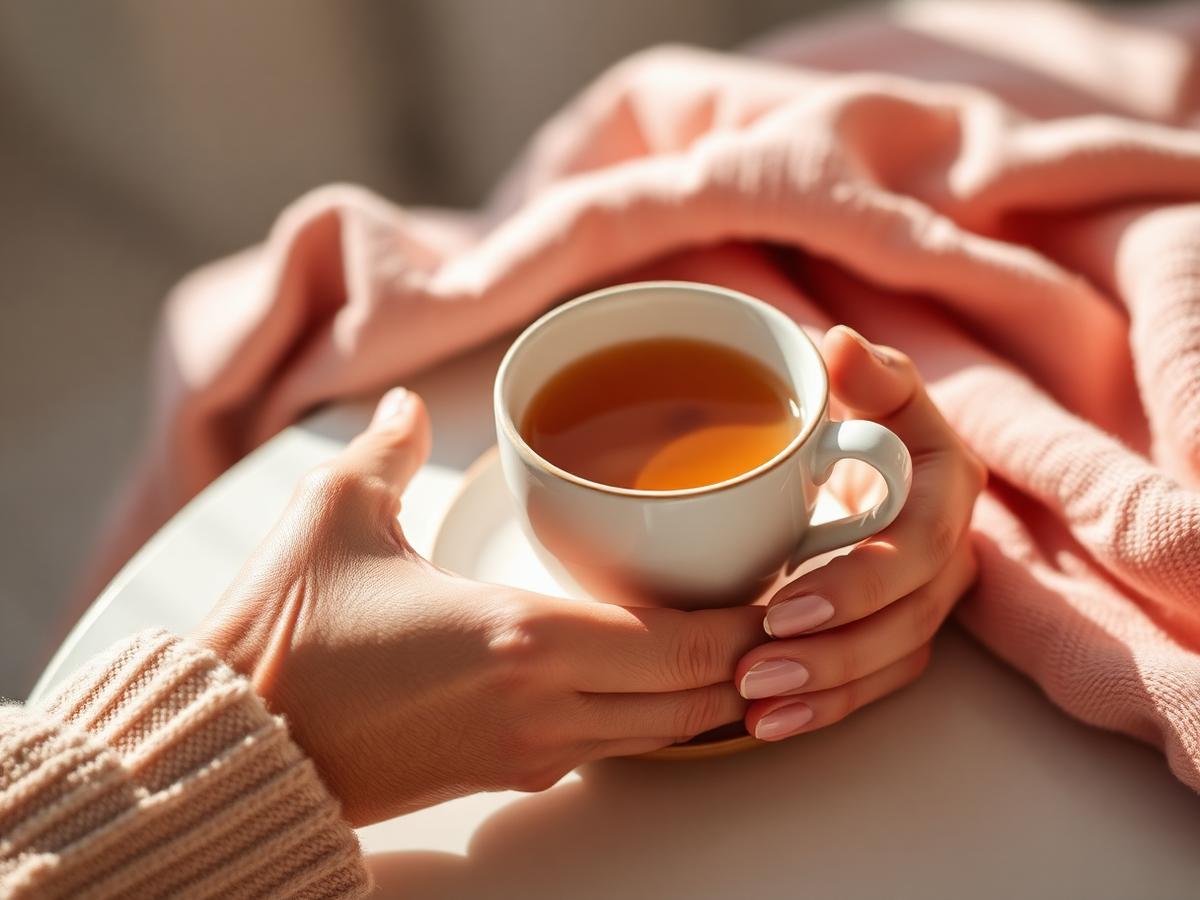Hands holding a warm cup of herbal tea with a soft blush blanket