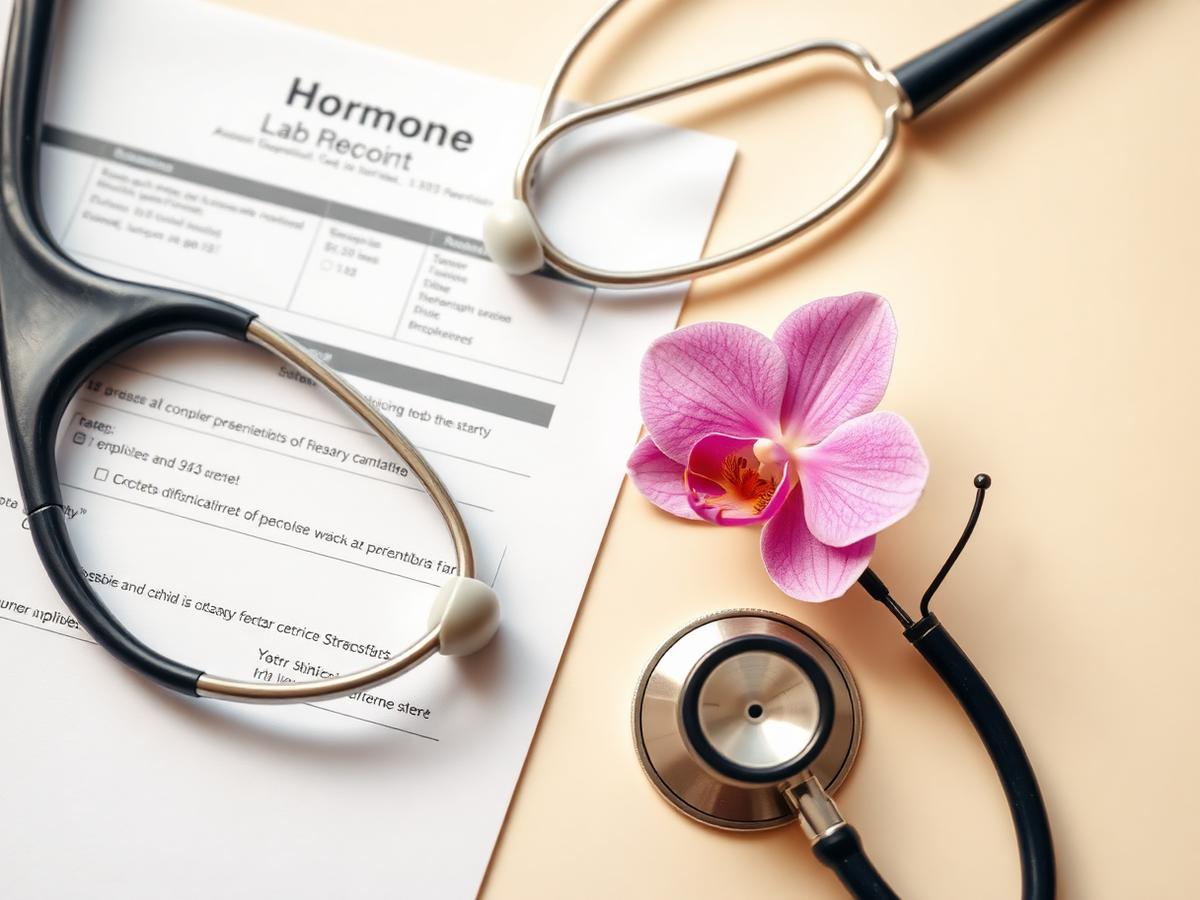 Hormone lab report with a stethoscope and orchid on a doctor's desk