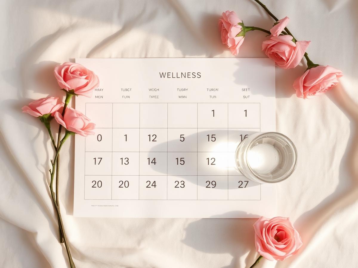 Wellness calendar with blush flowers and a glass of water on ivory linen