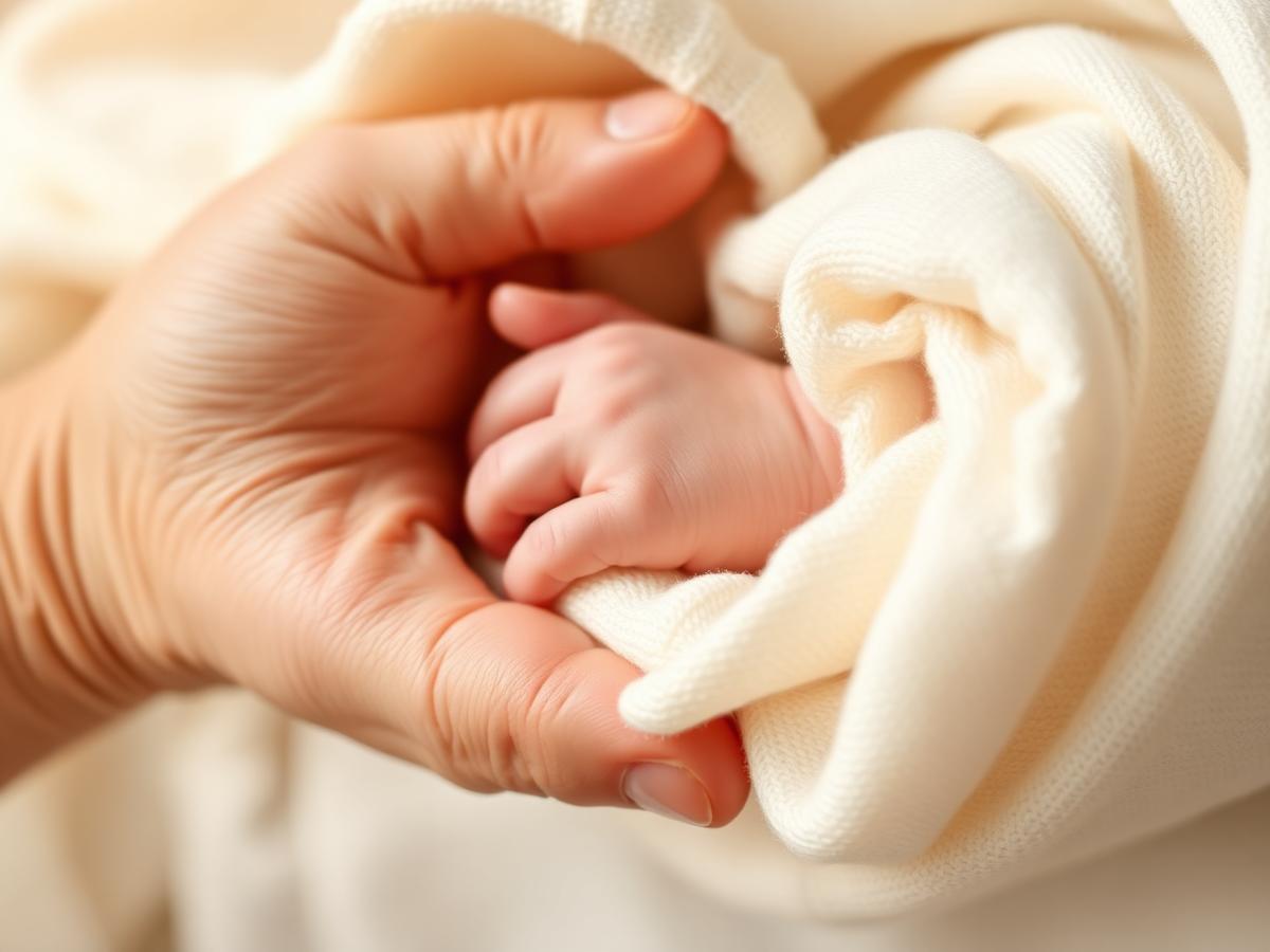 Newborn baby's hand resting in an adult hand wrapped in a cream blanket