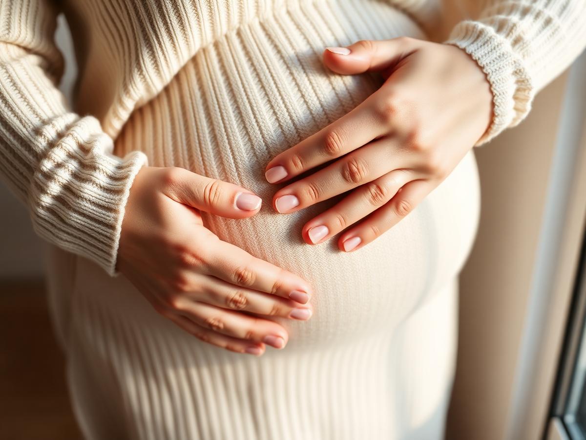 Expectant mother resting her hands on her pregnancy bump in soft natural light